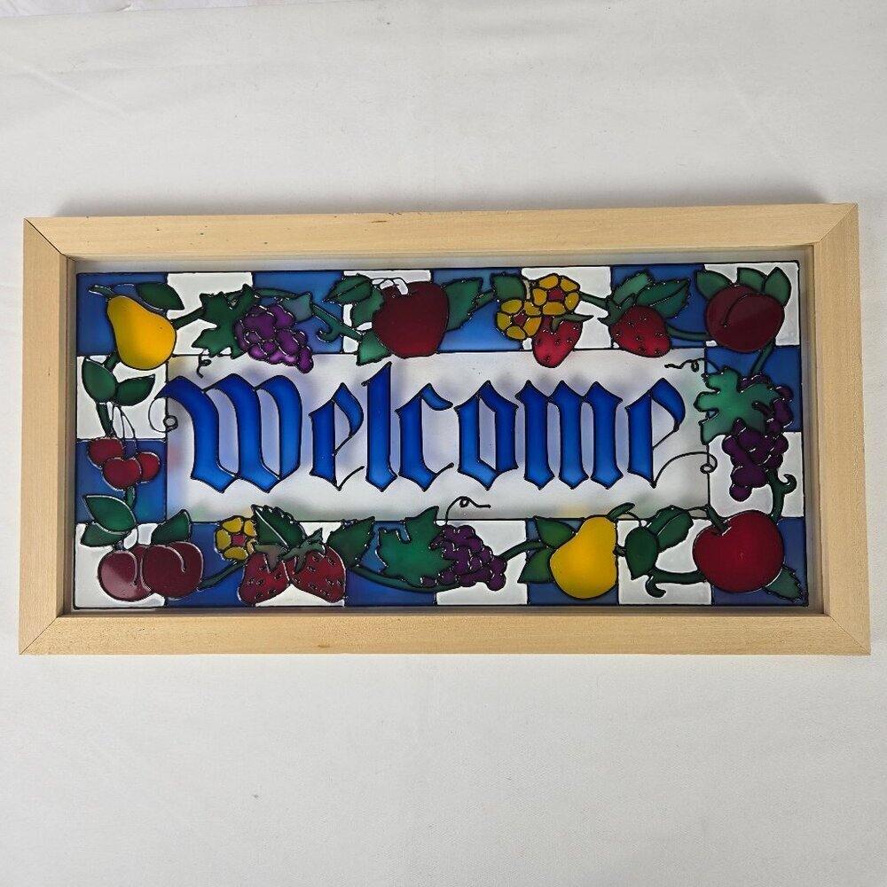"Welcome" Sign Painted Glass Fruit Motif Wooden Frame Kitchen Indoors Outdoors
